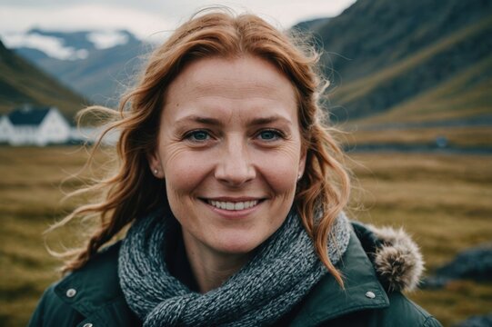 Close portrait of a smiling 40s Icelander woman looking at the camera, Icelander outdoors blurred background