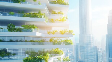Obraz premium Vertical garden of a modern apartment building, covered in lush greenery with bright sunlight overhead. Urban eco-living concept.
