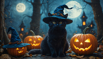 Chat noir et citrouilles d'Halloween sous la pleine lune