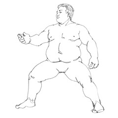 Nude fat male figure, contour drawing for graphic design.