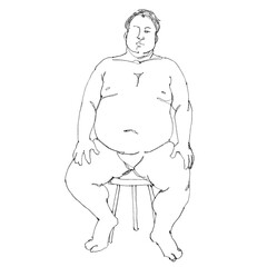 Nude fat male figure, contour drawing for graphic design.