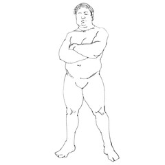 Nude fat male figure, contour drawing for graphic design.