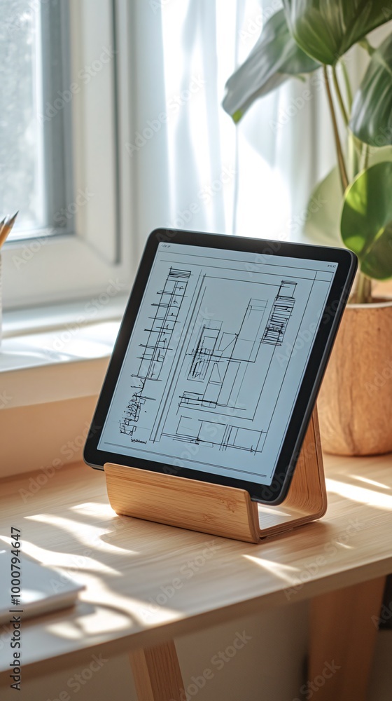 Poster a tablet on a wooden stand with a website wireframe displayed on the screen, resting on a desk next 