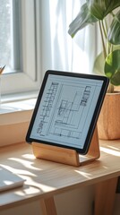 Fototapeta premium A tablet on a wooden stand with a website wireframe displayed on the screen, resting on a desk next to a window.