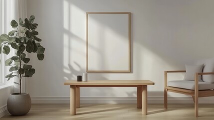 Mock up frame in a minimalist living room with sleek natural wooden furniture and clean lines, 3D render