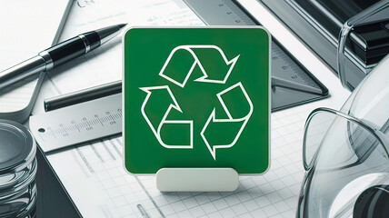 Green recycling symbol icon with professional environment background indicating recycling or waste sorting against city street and park background,