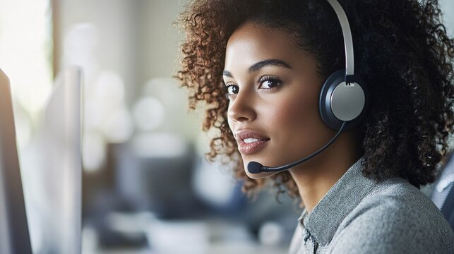 Woman with headset in office setting.