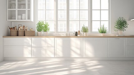 Fototapeta premium a minimalist kitchen countertop with wooden cutting boards, woven baskets, and fresh green herbs. Concept of natural, eco-friendly kitchen decor.