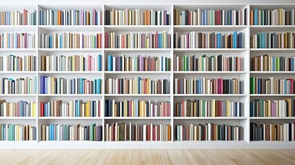 A brightly lit, minimalist home library with neatly organized shelves filled with colorful books. Concept of organized, modern intellectual space.