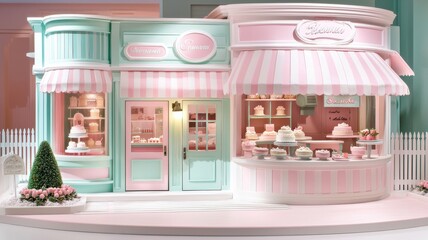 Charming pastel bakery building with decorative windows and signage.