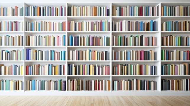 A brightly lit, minimalist home library with neatly organized shelves filled with colorful books. Concept of organized, modern intellectual space.
