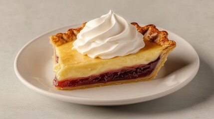 Delicious pie slice topped with whipped cream on plate.