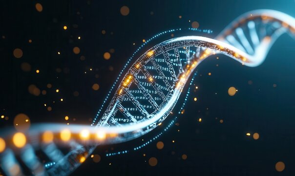 Conceptual image of a DNA helix transforming into digital data, symbolizing biological innovation through technology Synthetic biology, DNA innovation