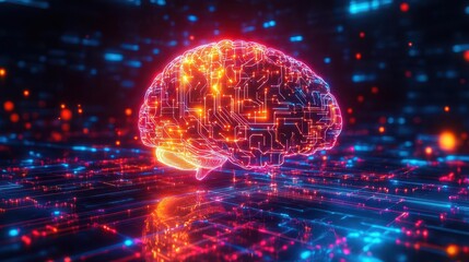 Digital brain illustration with neon circuits and glowing effects