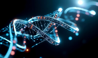 DNA strands intertwined with circuitry, representing the intersection of genetics and digital technology Synthetic biology, CRISPR innovation