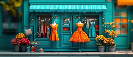 Naklejka premium Colorful dress shop with mannequins, vibrant flowers, and a charming storefront.