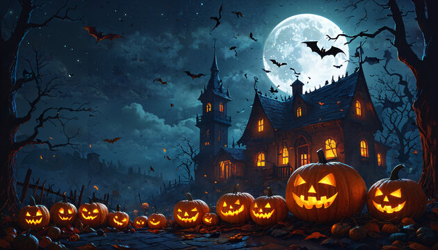 Halloween &agrave; la maison hant&eacute;e sous la pleine lune