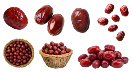 Jujube Xinjiang Chinese red dates fruit herb, many angles and view side top front heap pile bunch basket isolated on transparent background cutout, PNG file. Mockup template for artwork graphic design