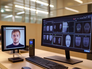 Naklejka premium Facial Recognition Software on Computer Monitors in Lab