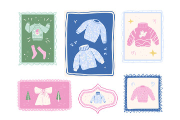 Winter holidays cozy stamps and emblems featuring sweaters, scarfs and baubles. Stickers with Christmas decoration. Vector hand drawn flat collection