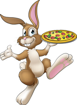 recommend clip art: An Easter bunny rabbit cartoon character serving or delivering pizza from a food restaurant, possibly the chef
