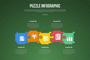 puzzle or jigsaw base infographic with square shape up and down on horizontal direction with 4 point with dark style for slide presentation