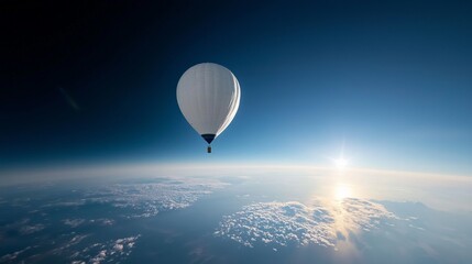 A close-up of a weather balloon rising high into the atmosphere, with the Earth's curvature visible in the background as it collects meteorological data