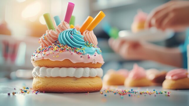 A fun baking scene with people decorating cakes and cookies, colorful icing tubes and sprinkles scattered across the counter, under the glow of natural sunlight. 