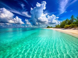 Bimini Island features tranquil beaches adorned with soft white sand, surrounded by crystal-clear waters beneath a