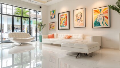Modern living room with art, bright space, and stylish furniture.