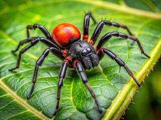 Black Spider with Distinctive Red Back Resting on Green Leaves in a Natural Outdoor Setting