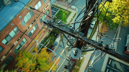 Overhead View of Utility Pole and Cityscape