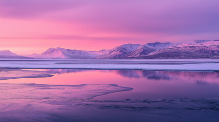 Obraz premium Snowy Landscape at Sunset with Pink and Purple Sky