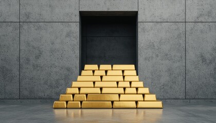 Obraz premium Stack of gold bars against a modern concrete wall.