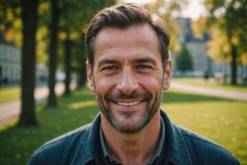 Close portrait of a smiling 40s Liechtensteiner man looking at the camera, Liechtensteiner outdoors blurred background