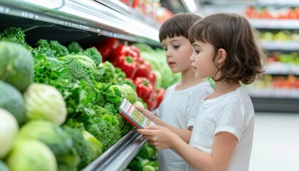 Two children exploring fresh vegetables in a supermarket aisle.