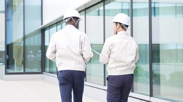 建物を歩く多国籍エンジニアのグループ