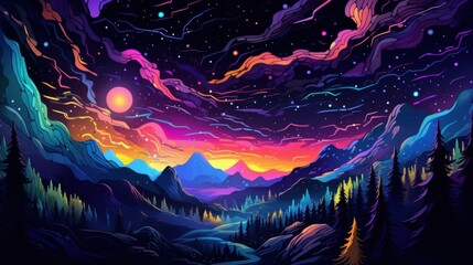 Fototapeta premium A vibrant, stylized landscape with a glowing moon and starry sky over a mountainous forest