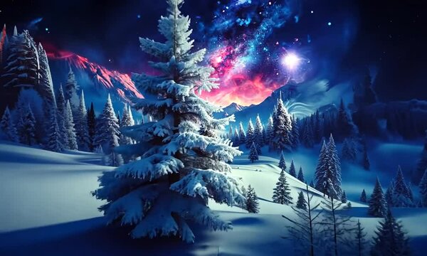 Voyage &agrave; travers une for&ecirc;t de sapins enneig&eacute;s par une nuit noire, d&eacute;voilant un ciel spectaculaire avec des galaxies et des aurores bor&eacute;ales