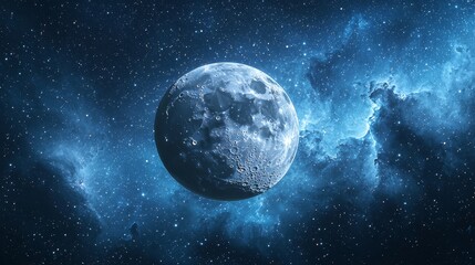 Naklejka premium Detailed moon in vast space, surrounded by a blue nebula and shining stars, showcasing cosmic beauty.