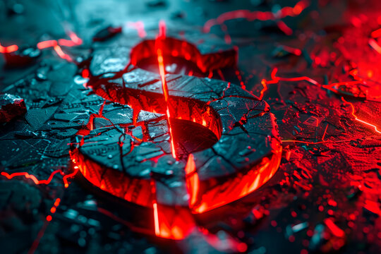 A cracked dollar symbol glowing red, representing economic instability and crisis.
