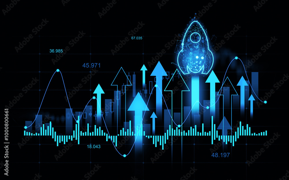Poster digital financial chart with upward arrows and a rocket symbol. neon graphic style on a dark backgro