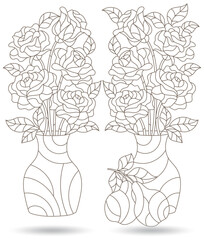 Set of contour illustrations in stained glass style with bouquets of peony flowers in vases and fruits, isolated on a white background