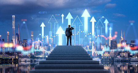 Businessman on concrete stairs, New York skyscrapers and forex trading hologram