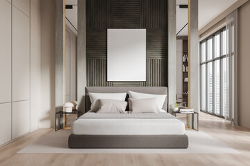 Bedroom with blank poster above bed on wooden wall in modern apartment. 3D Rendering