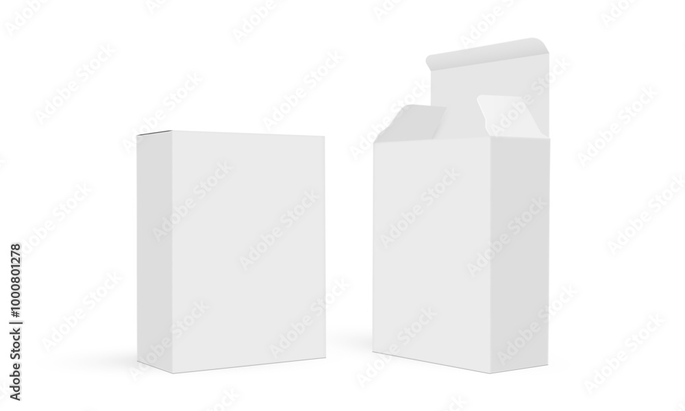 Poster blank rectangular boxes mockups. opened and closed lid, side view, isolated on white background. vec