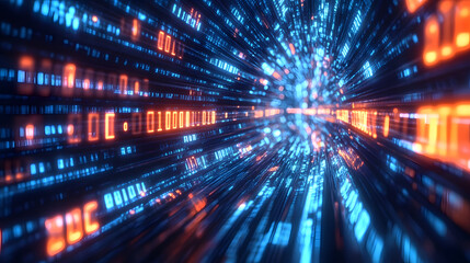 Abstract digital data stream with glowing lines and numbers, representing fast internet connection, technology, data flow, and digital world.