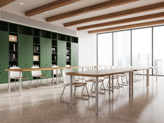 Modern classroom interior with green cabinets and wooden beams. 3D Rendering