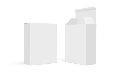 Blank Rectangular Boxes Mockups. Opened And Closed Lid, Side View, Isolated On White Background. Vector Illustration