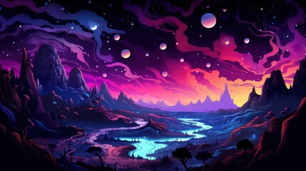 A Surreal Landscape with a Winding River under a Night Sky Filled with Planets and Stars
